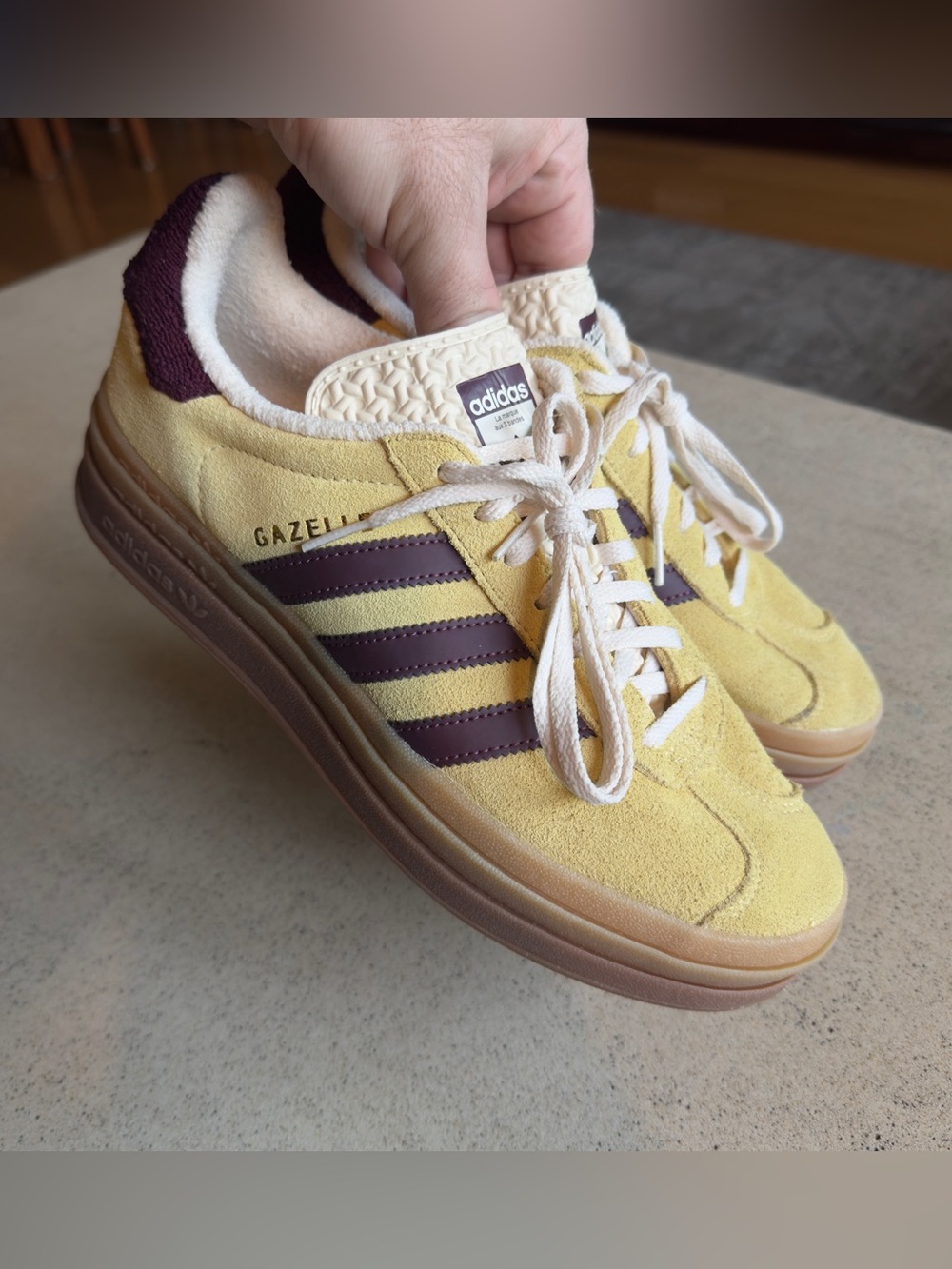 adidas Gazelle Suede Sneakers in Yellow with Maroon Accents - Picture 2 of 13